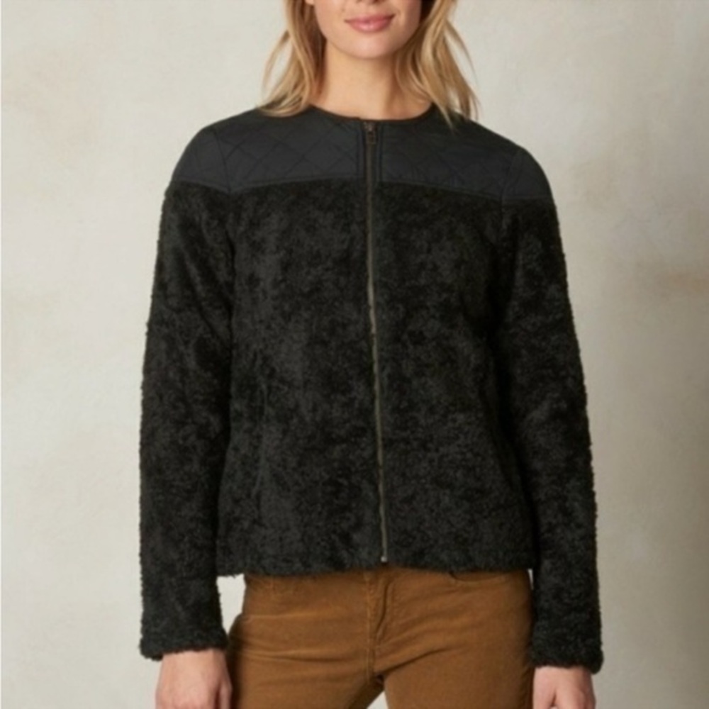 Prana Womens Jacket Medium Good Lux Fuzzy Sherpa Black Quilted Zip Up Te…